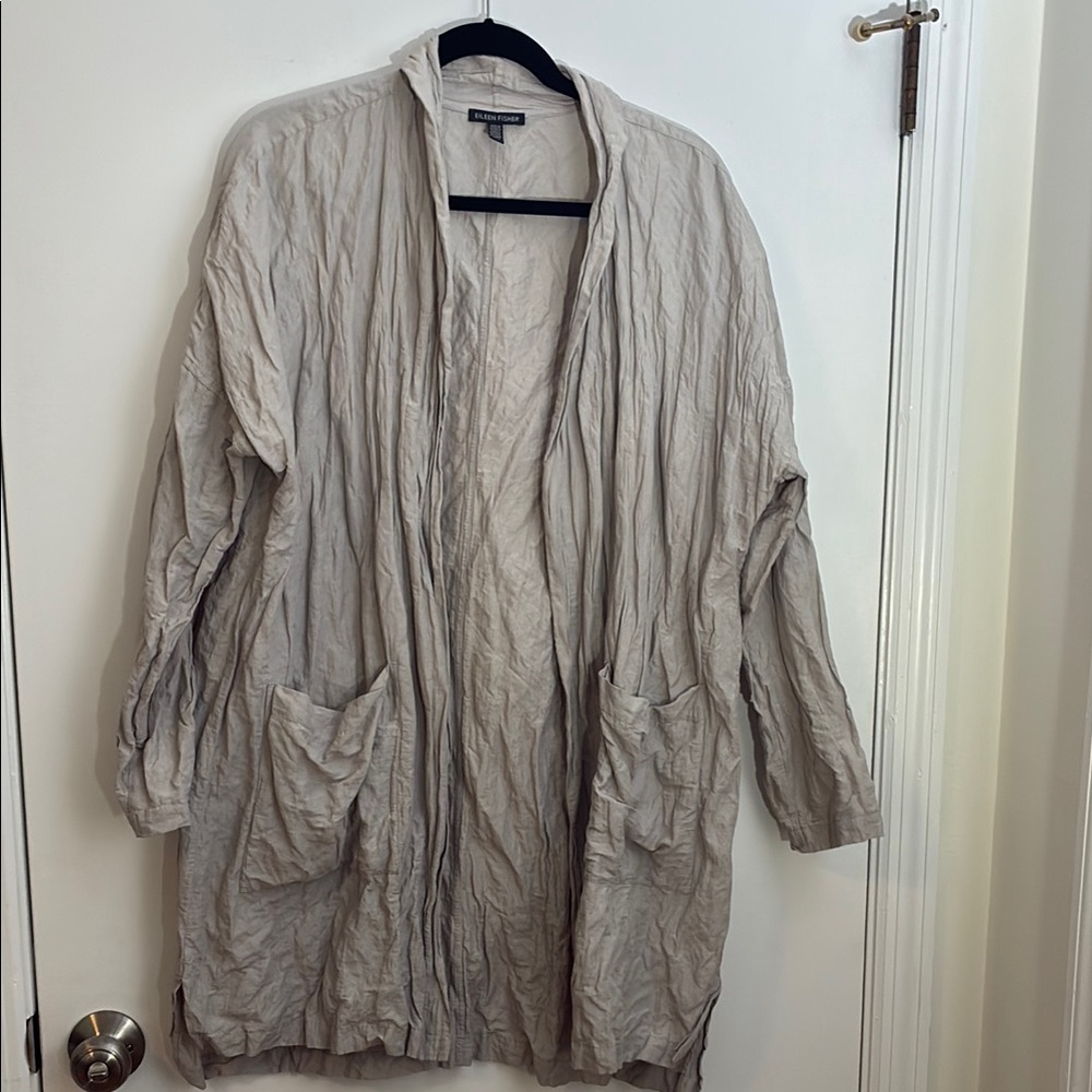 Eileen Fisher Silver Crinkle Cotton Blend Woven Longline Jacket Size Large